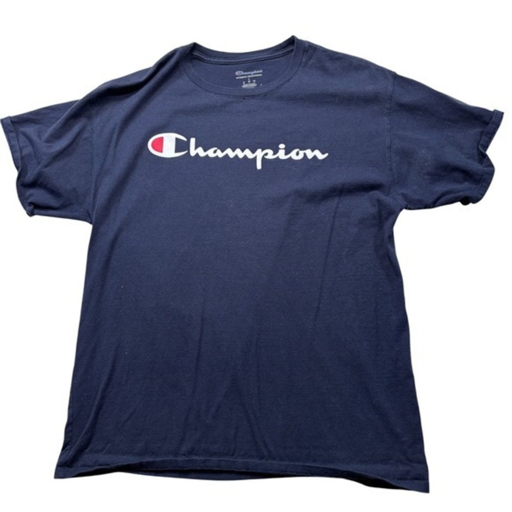 Champion Mens Navy Blue Script Logo Short Sleeve Graphic T-Shirt Large #1142 - Picture 2 of 8
